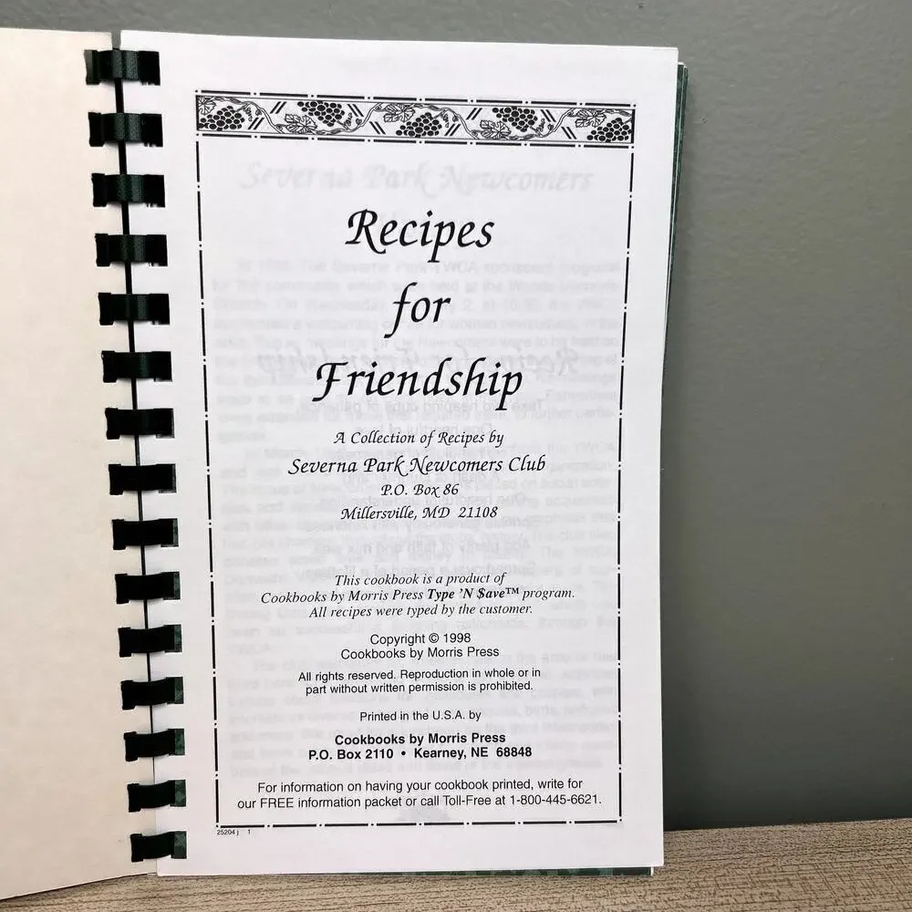Vintage 90's Cookbook Recipes for Friendship Severna Park Maryland Spiral Bound
